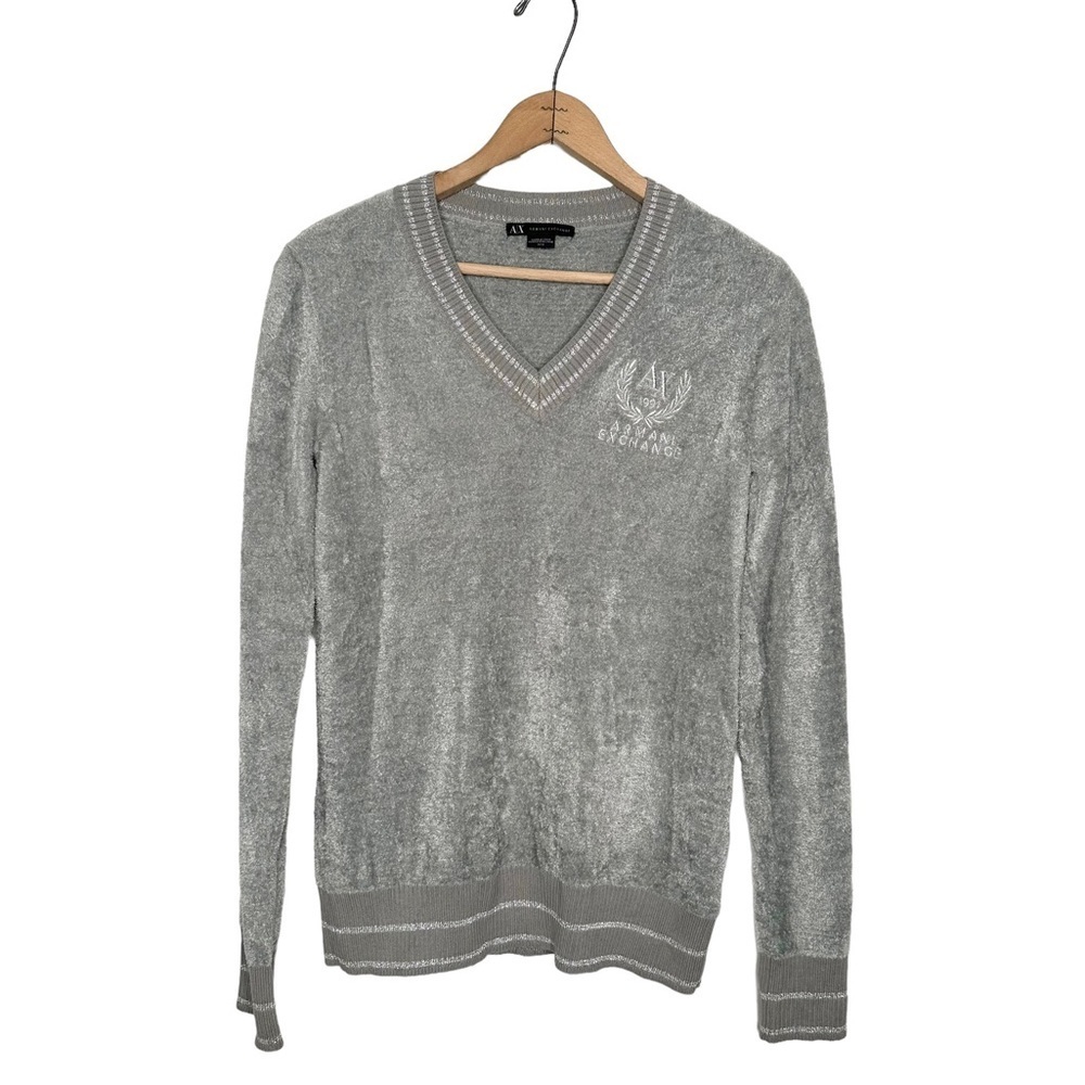 Armani Exchange | Gray V-neck Embroidered Logo Sweater Size Medium